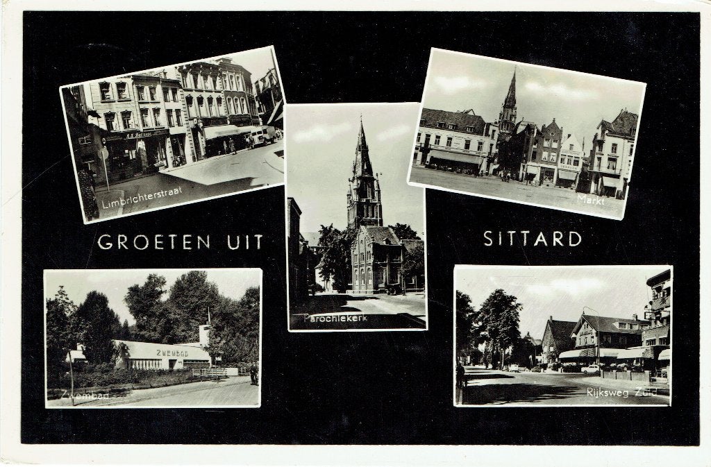 Ansichtkaart Sittard Multiview, Ophalen of Verzenden, 1940 tot 1960, Gelopen, Limburg