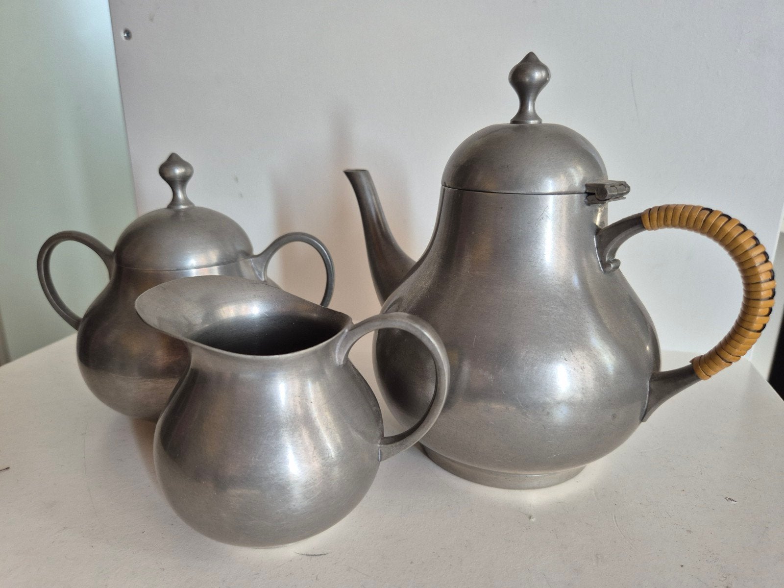 Antiek Tinnen Theeservies  (3-delig met rotan), Ophalen of Verzenden