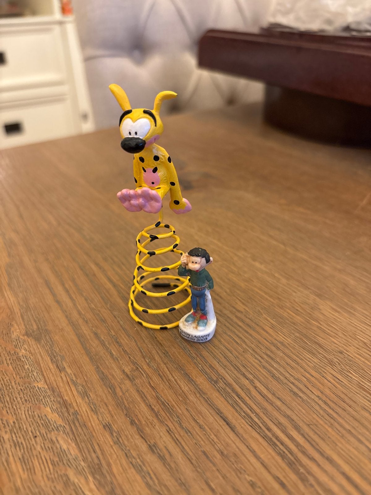 Marsupilami en Gaston Lagaffe beeldje op veer, Verzamelen, Ophalen of Verzenden, Zo goed als nieuw