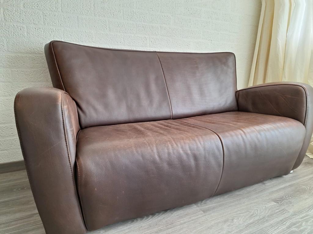 Tweezitsbank leer bruin, Huis en Inrichting, Banken | Bankstellen, Ophalen, Gebruikt, 150 tot 200 cm, Tweepersoons