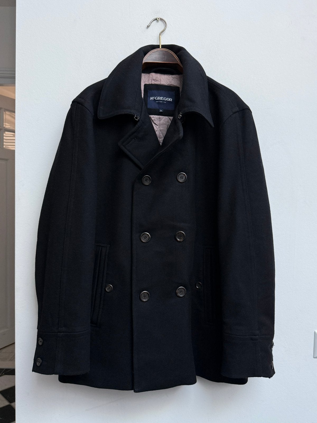 McGregor Heren Zwarte Wollen Peacoat Double Breasted Maat 56, Ophalen of Verzenden, Zo goed als nieuw, Maat 56/58 (XL), Zwart
