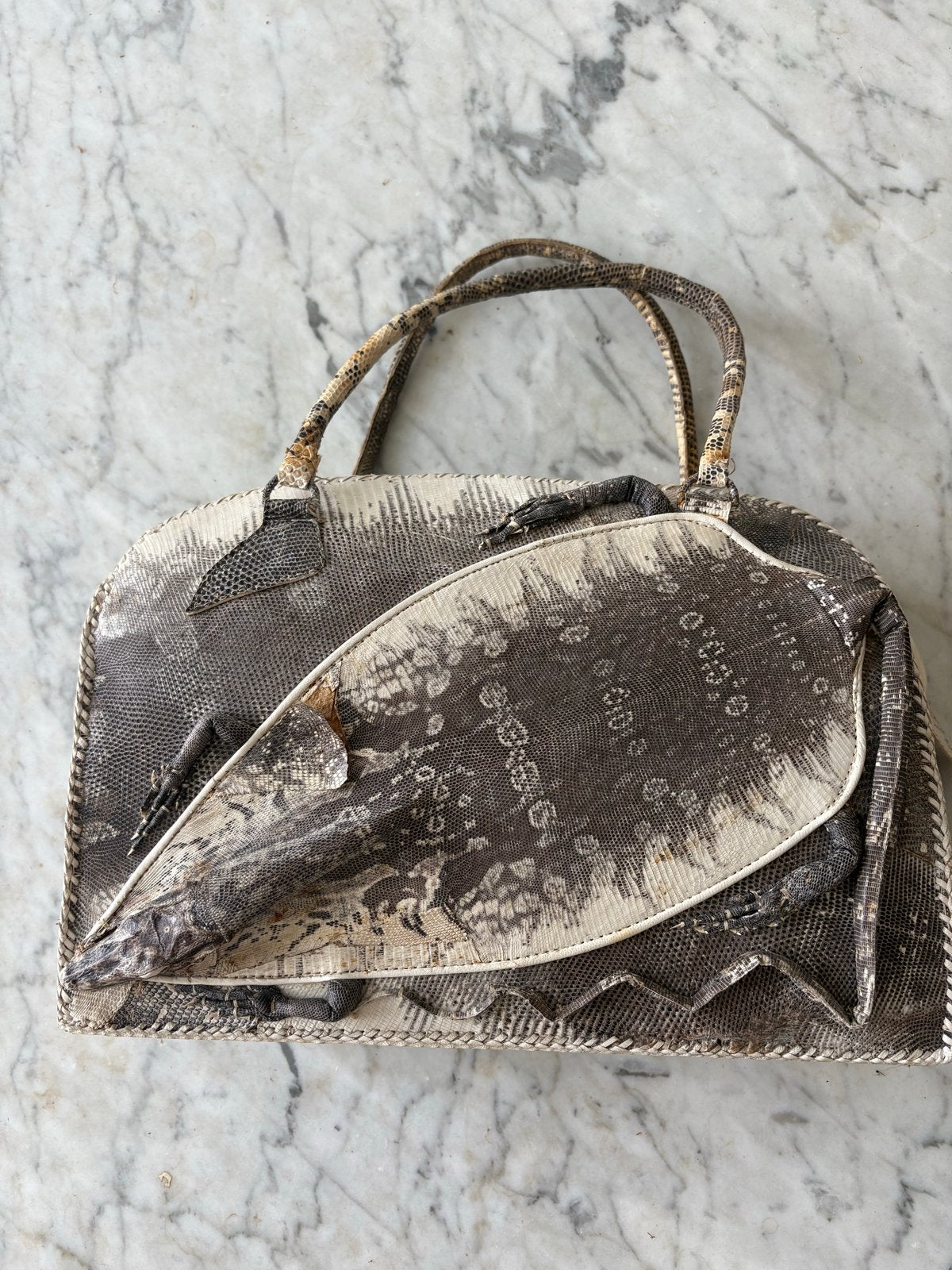 Vintage handtas en portemonnee van hagedissenleer, Sieraden, Tassen en Uiterlijk, Ophalen of Verzenden, Gebruikt, Grijs, Handtas