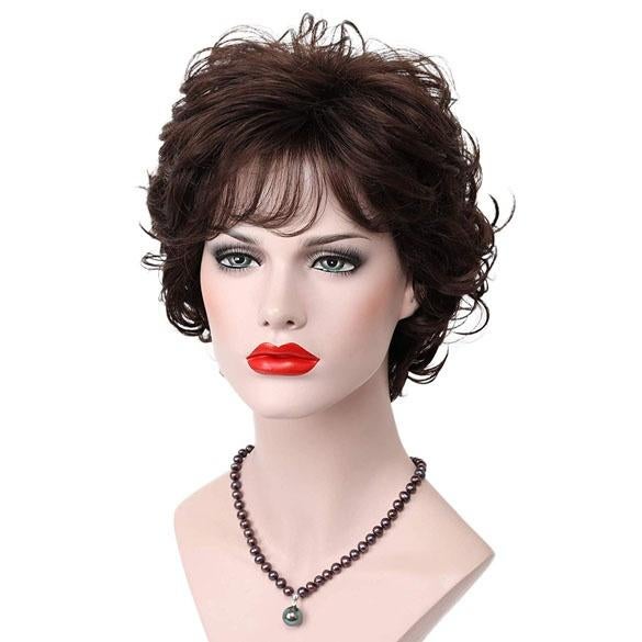 Moderne pruik kort krullend haar donkerbruin kleur 6, Verzenden, Nieuw, Pruik of Haarverlenging