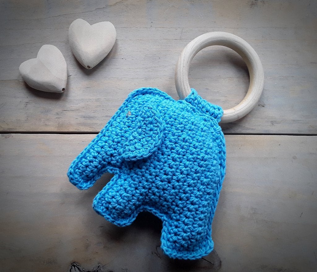 Olifanten-rammelaar met houten ring en rammeldoosje - blauw, Ophalen of Verzenden, Nieuw, Rammelaar, Met geluid