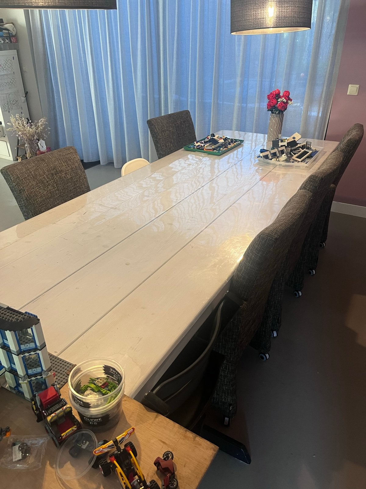 Witte steigerhout tafel met stalen onderframe, Gebruikt, 100 tot 150 cm, 200 cm of meer, Ophalen of Verzenden