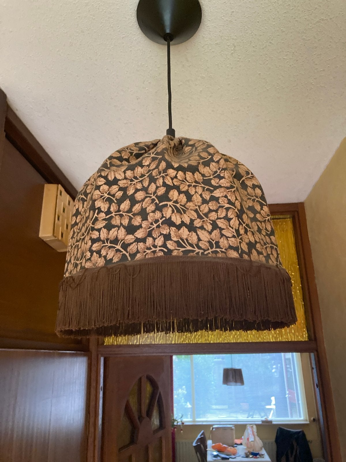 Vintage hanglamp met bladerenpatroon en franjes, Ophalen, Gebruikt, Textiel, E27 (groot)