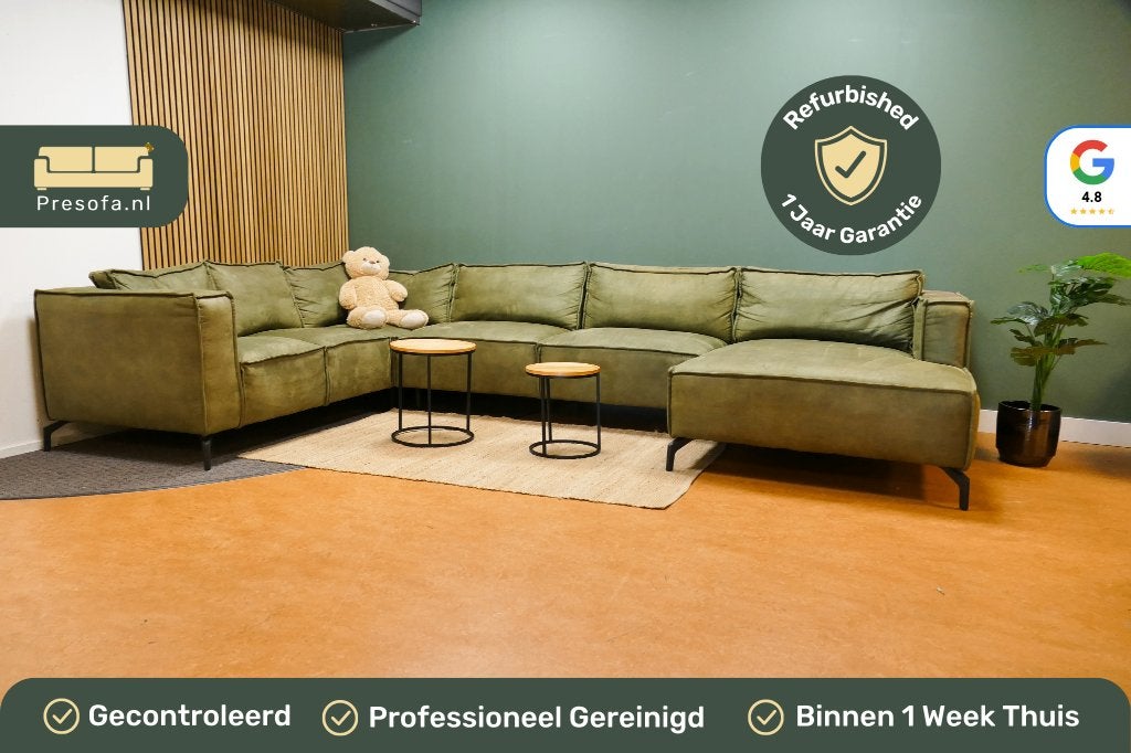 Grote U Bank Groen Microvezel [Refurbished], Huis en Inrichting, Banken | Bankstellen, -, -, Hoekbank, 300 cm of meer