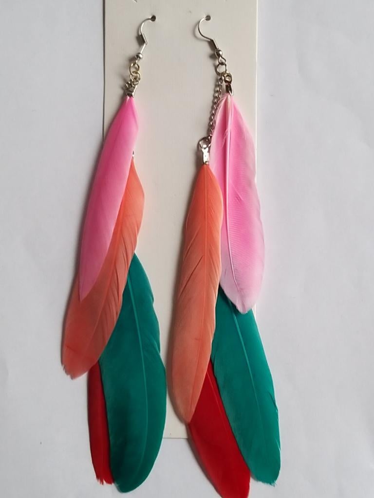 Roze,rode,oranje,groene veren hang oorbellen, Ophalen of Verzenden, Nieuw, Overige materialen, Hangers
