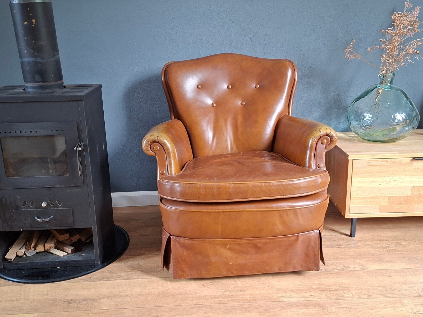Vintage Leren Fauteuil - Cognac Kleur, Ophalen