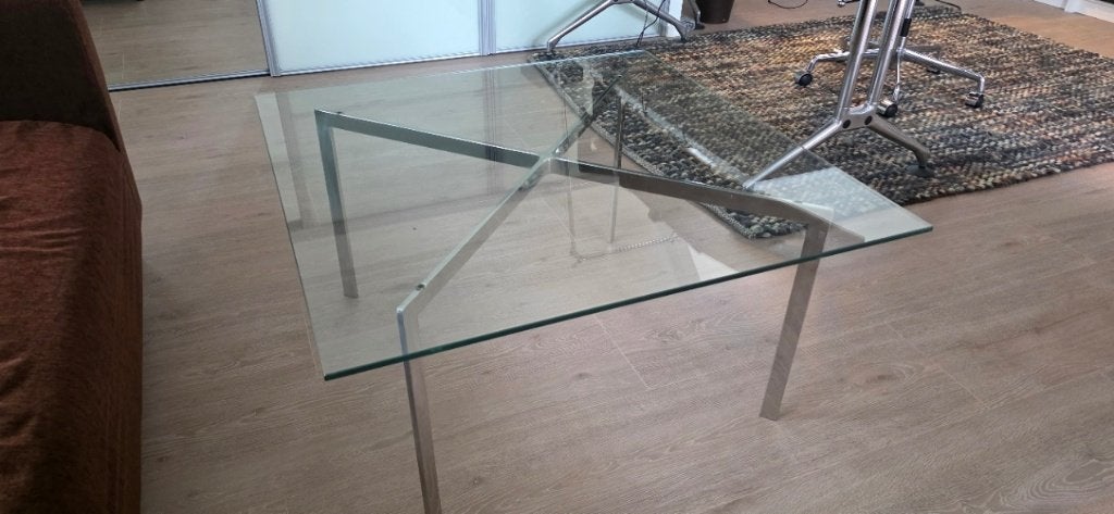 Glazen salontafel, Barcelona, ontwerp van Ludwig Mies vd Roh, Ophalen, 50 tot 100 cm, Vierkant, 50 tot 100 cm