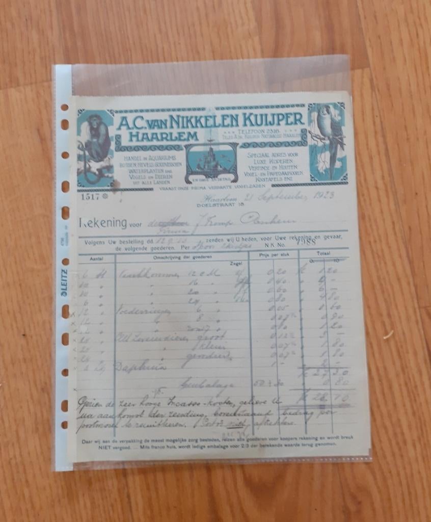 Haarlem A.C. van Nikkelen Kuijper vogels dieren factuur 1923, Verzamelen, Merken en Reclamevoorwerpen, Ophalen of Verzenden, Zo goed als nieuw