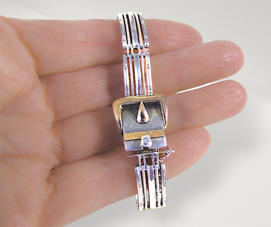 Prachtige 800 zilver ART DECO gesp armband gouden accenten!, Verzenden, Zo goed als nieuw, X, Zilver