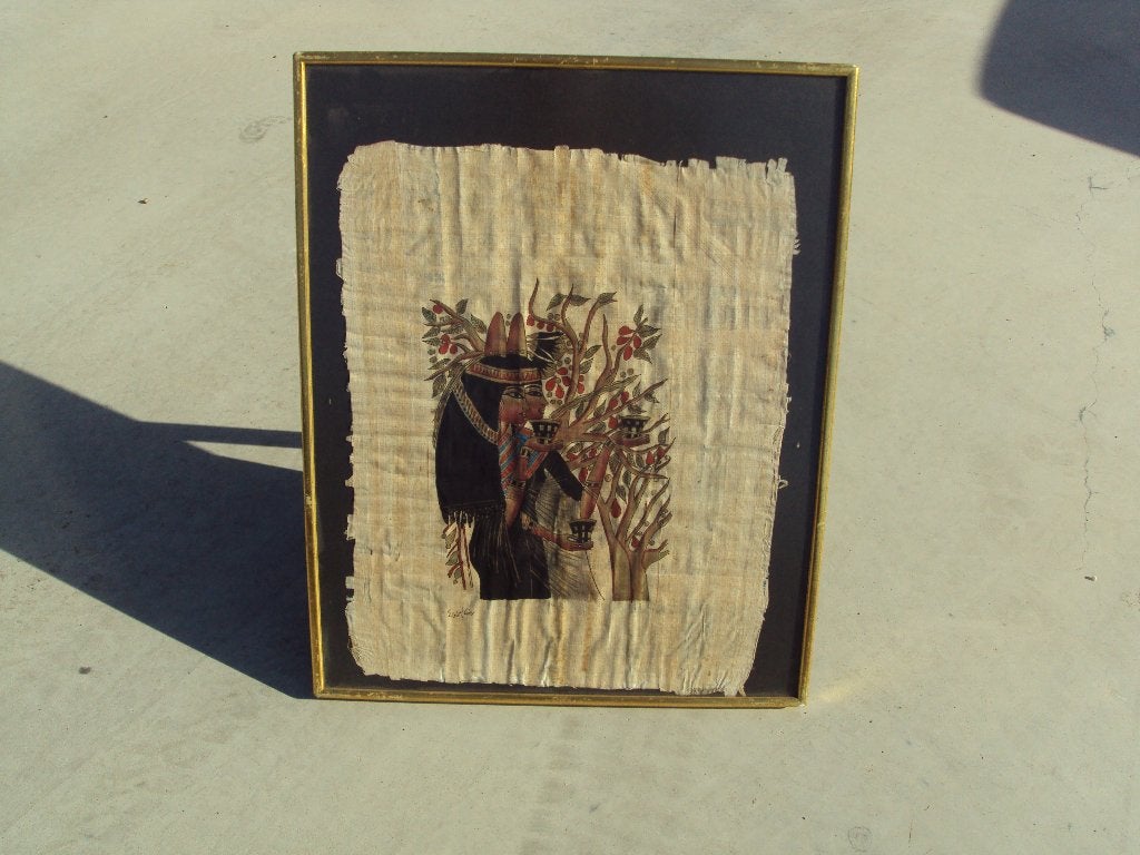 Ingelijst papyrus schilderij - Egyptische kunst, Gebruikt, 50 cm, Onbekend, Goud