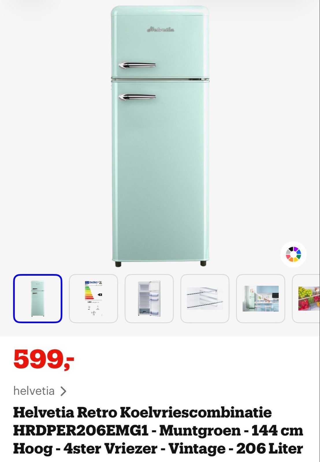 Helvetia Retro Koelvriescombinatie Muntgroen 206L, Witgoed en Apparatuur, Koelkasten en IJskasten, Ophalen, 200 liter of meer