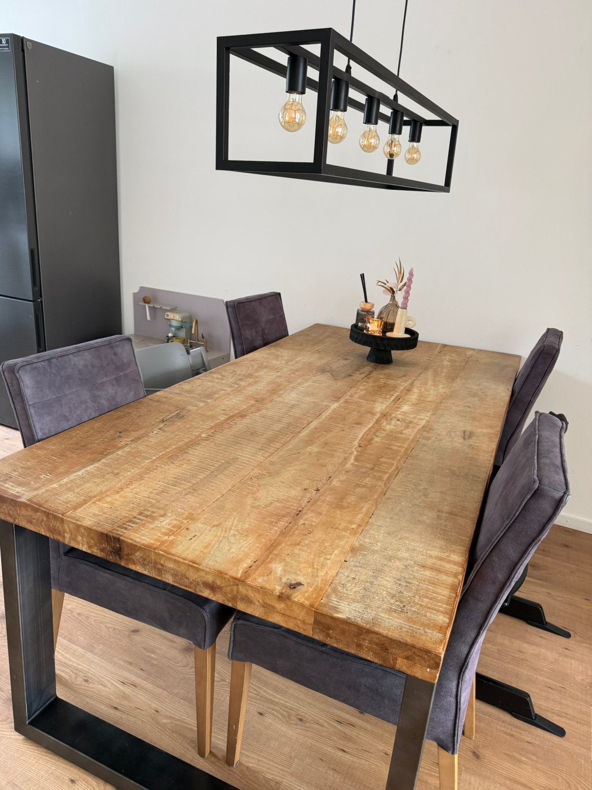 Industriële eettafel 200cm + 6 eetkamerstoelen, Huis en Inrichting, Complete eetkamers, Ophalen, Zo goed als nieuw, 4 tot 6 stoelen