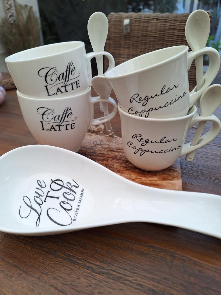 Riviera Maison Servies Set: Mokken, Broodplankje & Lepel, Ophalen of Verzenden