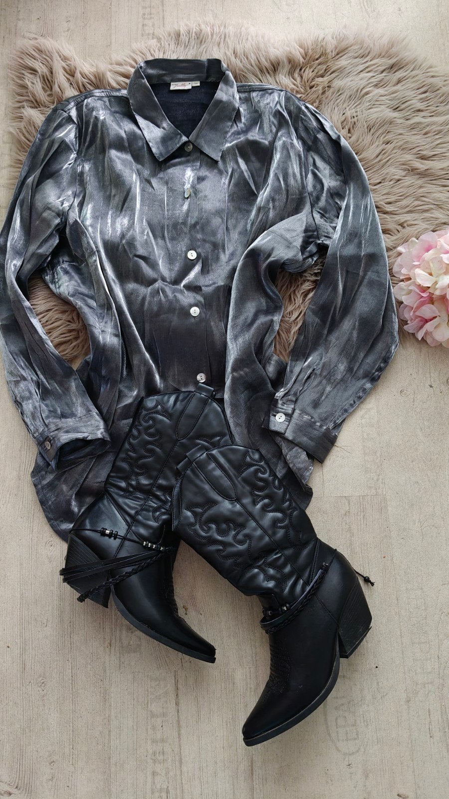 Maria Delley glanzend grijze blouse maat 50, Maat 46/48 (XL) of groter, Ophalen of Verzenden, Maria Delley, Grijs