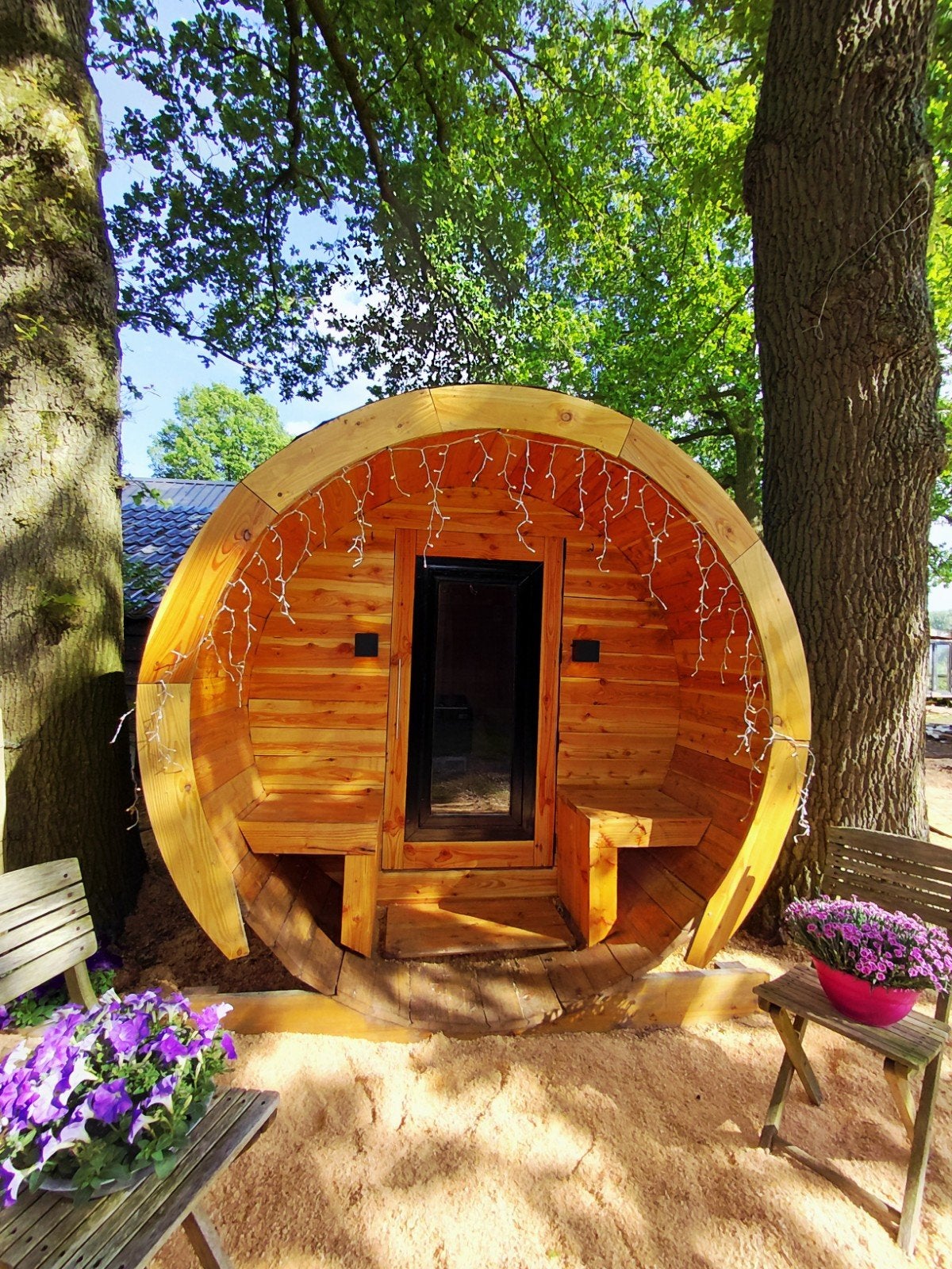 Zeer mooie Lig Sauna | barrel sauna | buiten sauna | 6 pers., Sport en Fitness, Ophalen, Zo goed als nieuw, Fins of Traditioneel
