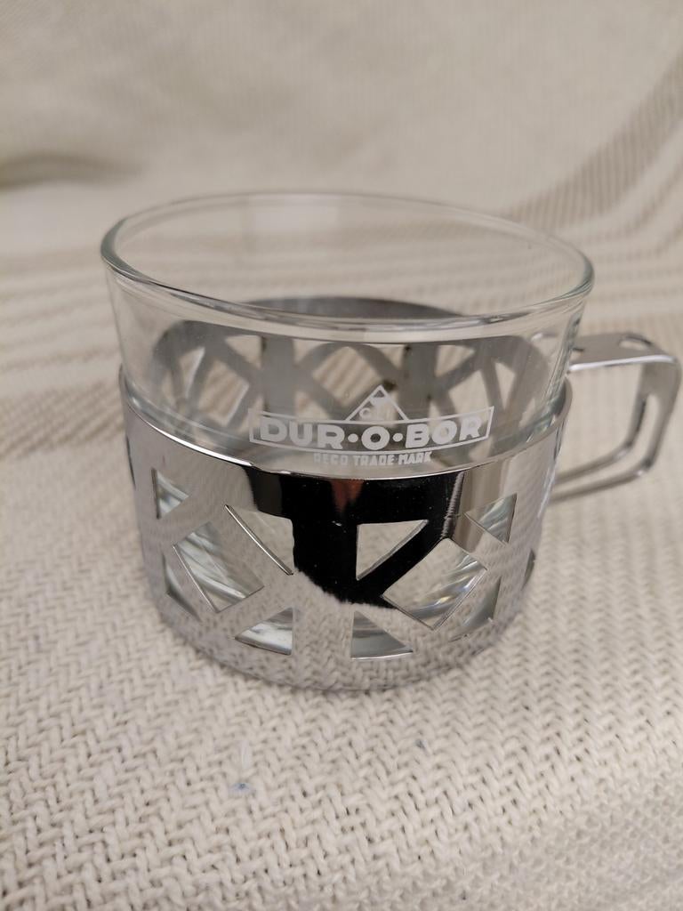 Vintage Dur-O-Bor Glazen Kopje met Metalen Houder, Ophalen of Verzenden