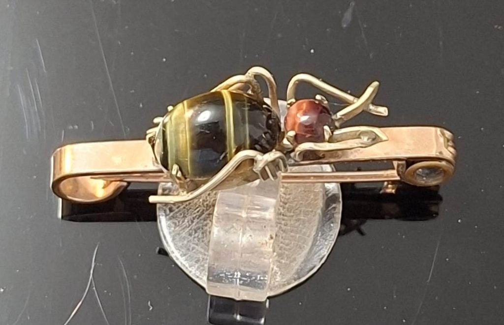 Victoriaanse Rolled Gold & Edelsteen Insect Broche, Ophalen of Verzenden, Goud, Broche, Met edelsteen