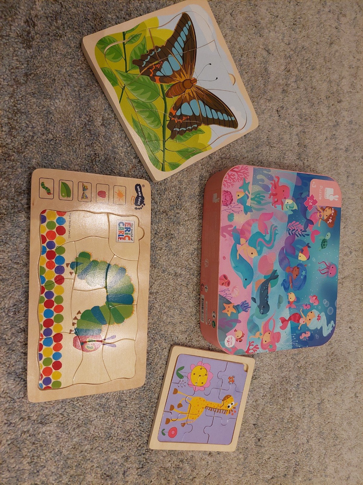 Houten puzzels: Rupsje Nooitgenoeg, vlinder en meer!, 2 tot 4 jaar, Gebruikt, 10 tot 50 stukjes, Ophalen of Verzenden