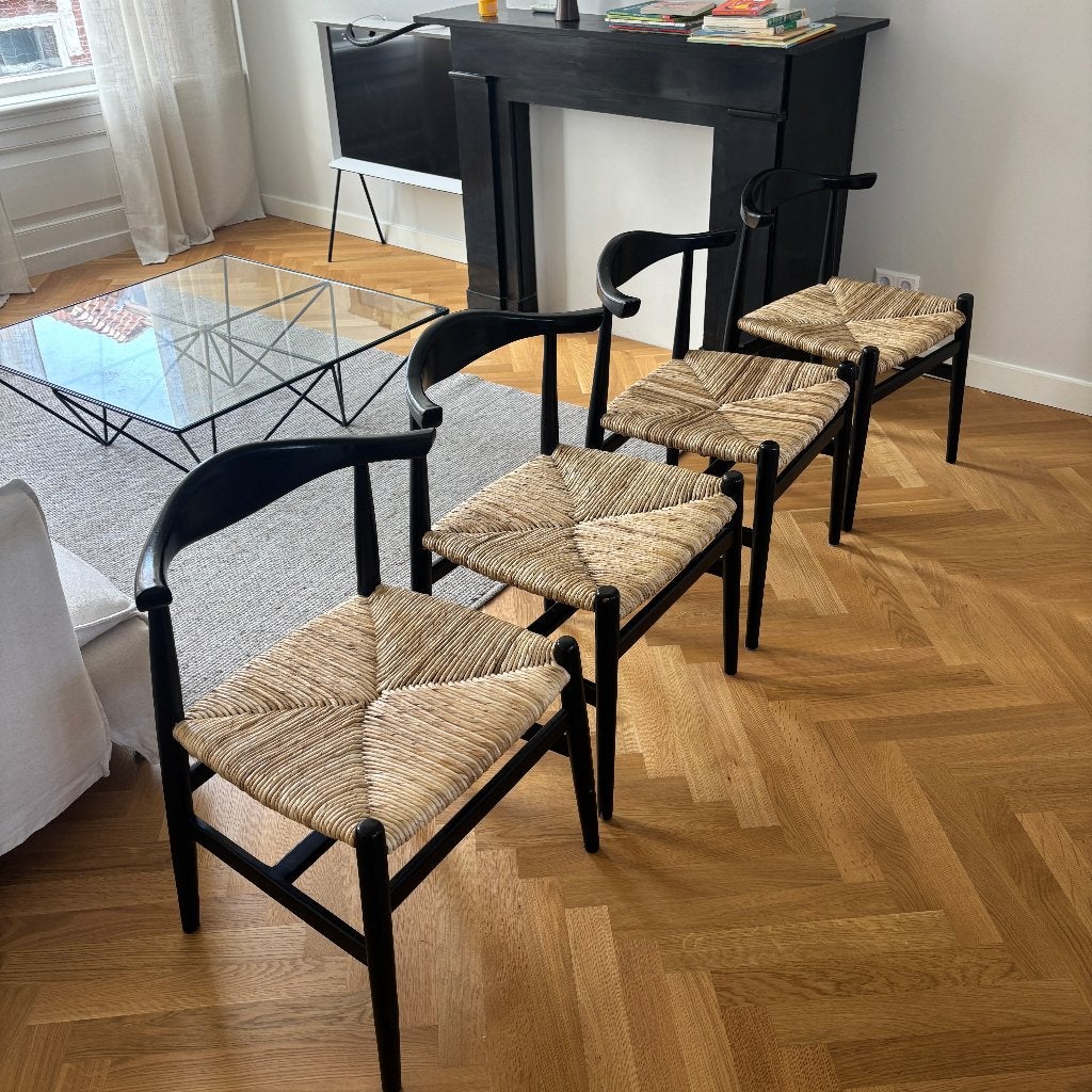4x Vintage Stoelen Wegner stijl | paper cord | Deens Design, Ophalen, Gebruikt, Zwart, Hout