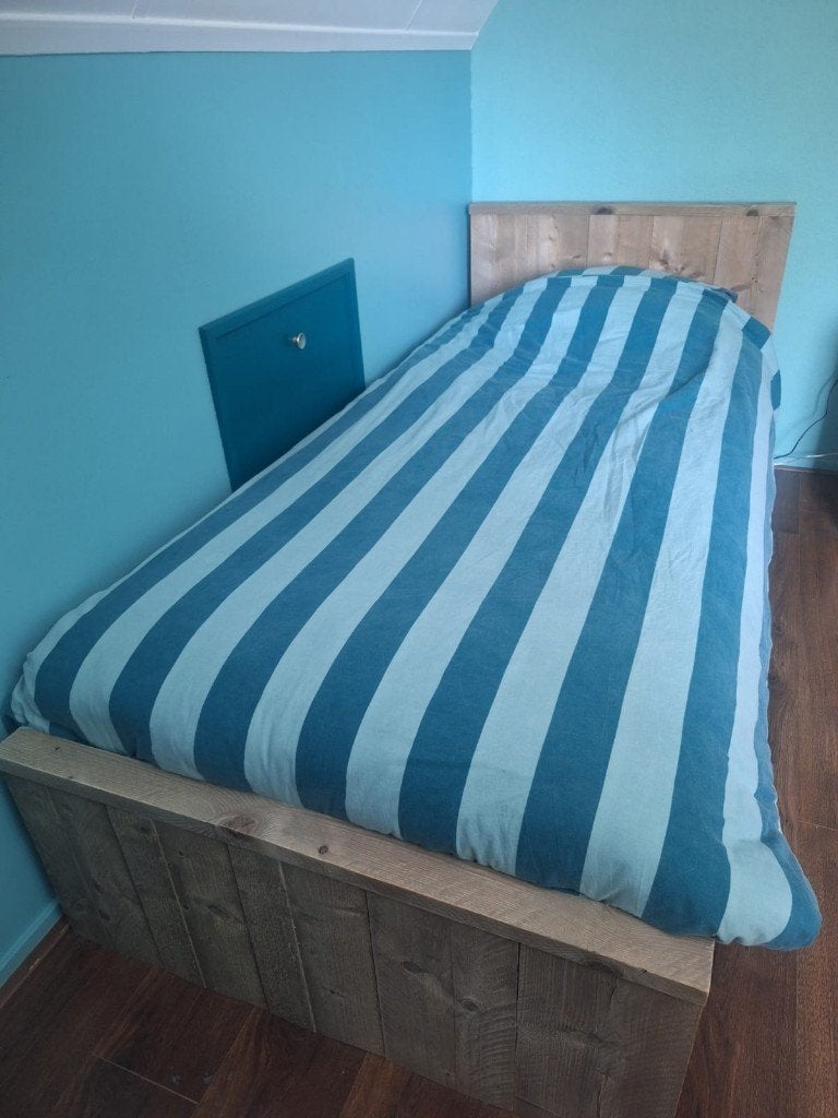 Steigerhouten éénpersoonsbed met lattenbodem, Ophalen, Eenpersoons, Steigerhout, 200 cm