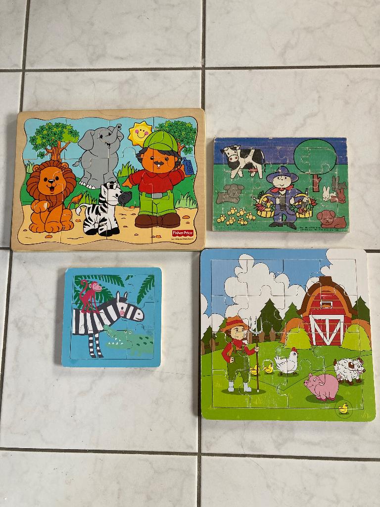 4 houten puzzels Fisher Price, Bruna, Zo goed als nieuw, Van hout, 6 maanden tot 2 jaar, Meer dan 50 stukjes
