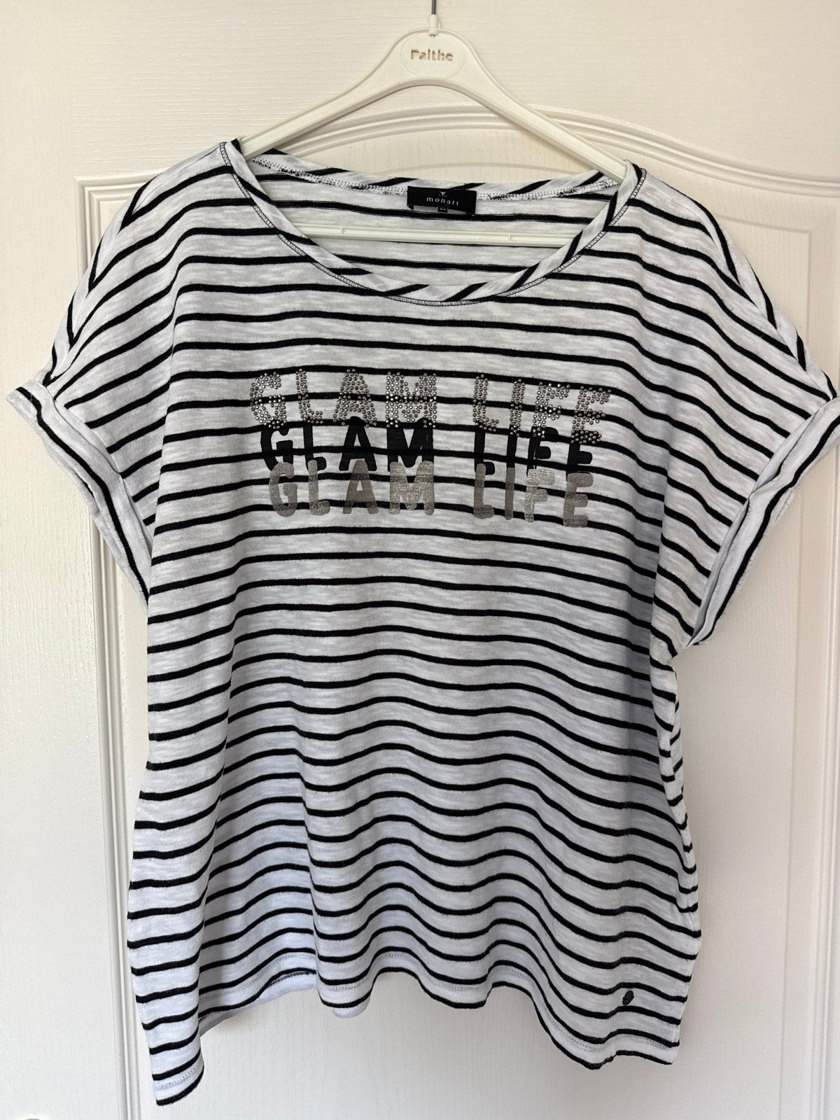 Monari gestreept T-shirt met 'Glam Life' opdruk, Zwart, Maat 42/44 (L), Ophalen of Verzenden, Korte mouw
