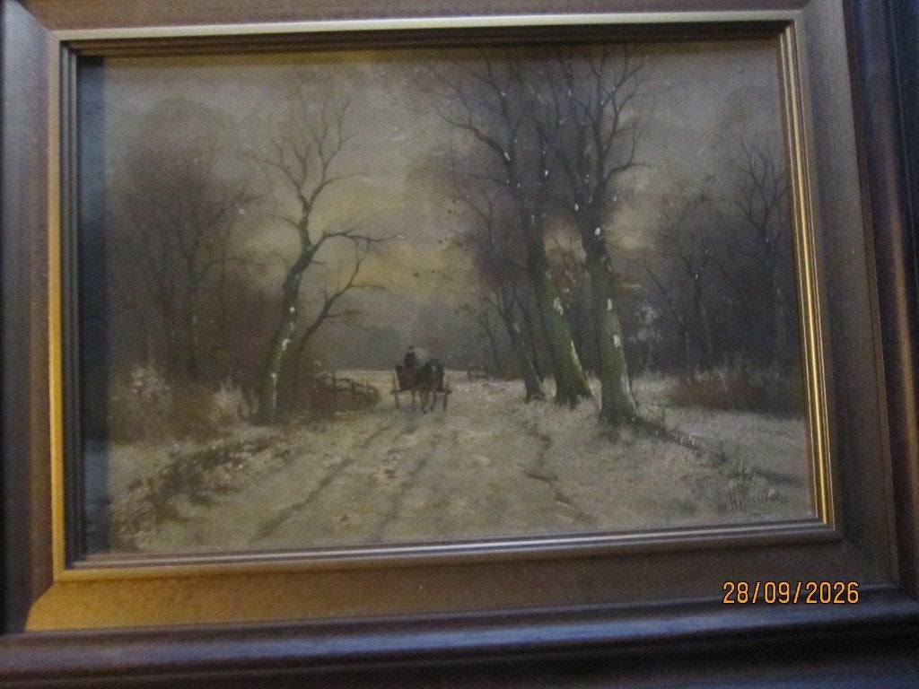 H.HERMANS, Mooi Winters Tafereeltje m een Karretje op de weg, Antiek en Kunst, Ophalen, Paneel, Expressionistisch, Olieverf