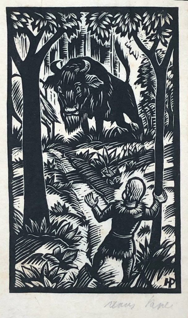 Hans Pape (1894–1970), Houtsnede “Stier in het bos” ca. 1925, Antiek en Kunst, Ophalen of Verzenden