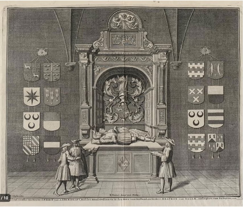 18e-eeuwse prent graftombe Gerrit van Assendelft - Den Haag, Dagelijks leven, 40 cm, Ets, Origineel