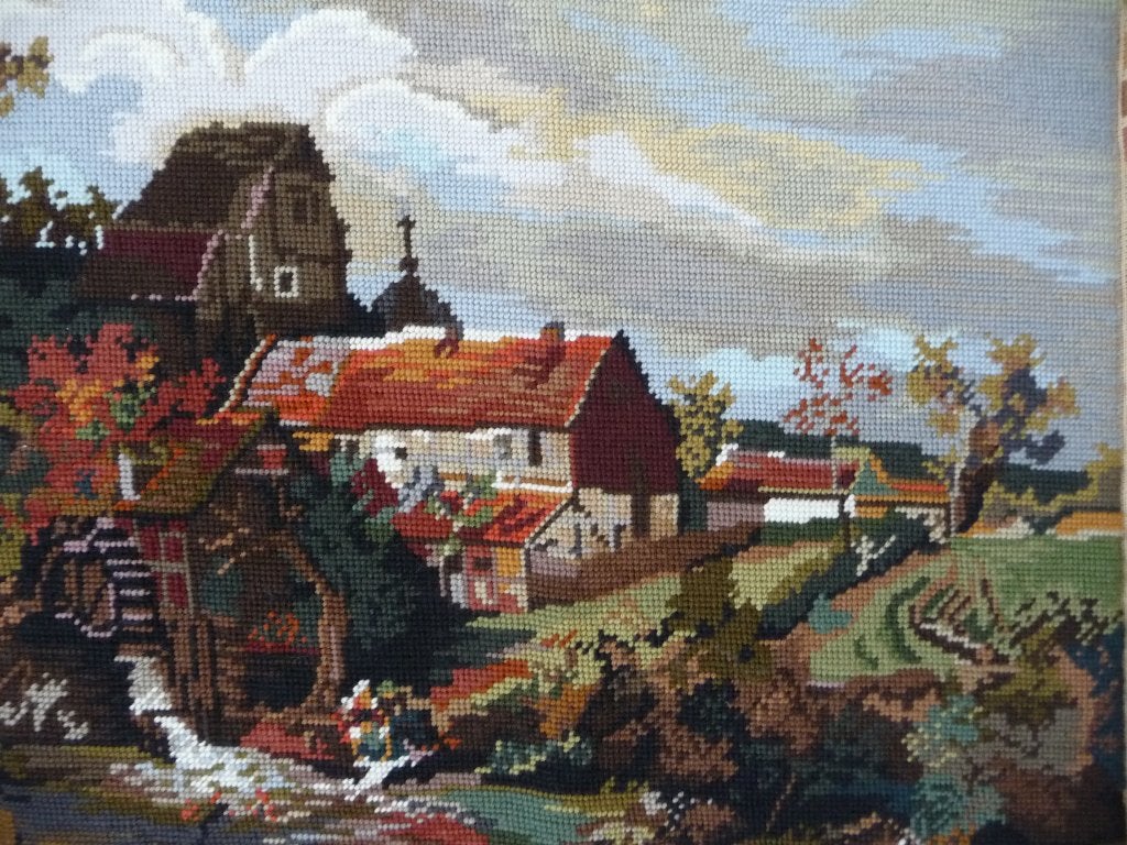 Borduurwerk "Watermolen", Ophalen of Verzenden, Gebruikt, Handborduren, Onderdeel of Toebehoren