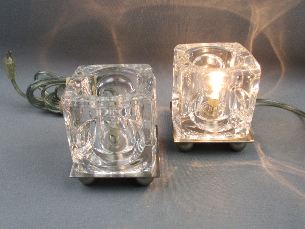 Twee glazen kubus Ice lampen VAN DE HEG Halogeen - 90's, Gebruikt, Met schakelaar, Wit, Ophalen of Verzenden