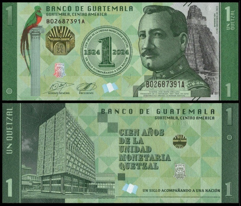 Guatemala 2024, het nieuwste bankbiljet van 1 Quetzal (UNC), Verzenden, Zuid-Amerika, Los biljet
