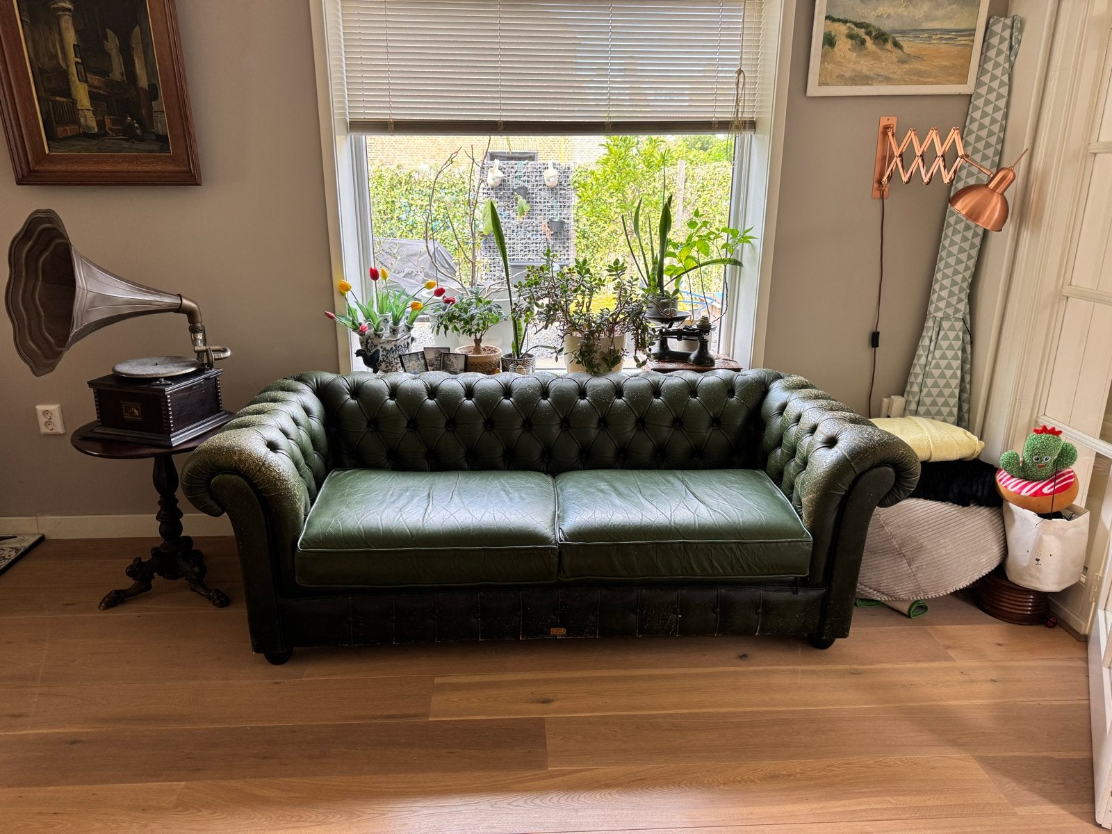 Vintage Chesterfield bank, 3-zits, groen leer, Gebruikt, 150 tot 200 cm, Tweepersoons, Ophalen of Verzenden