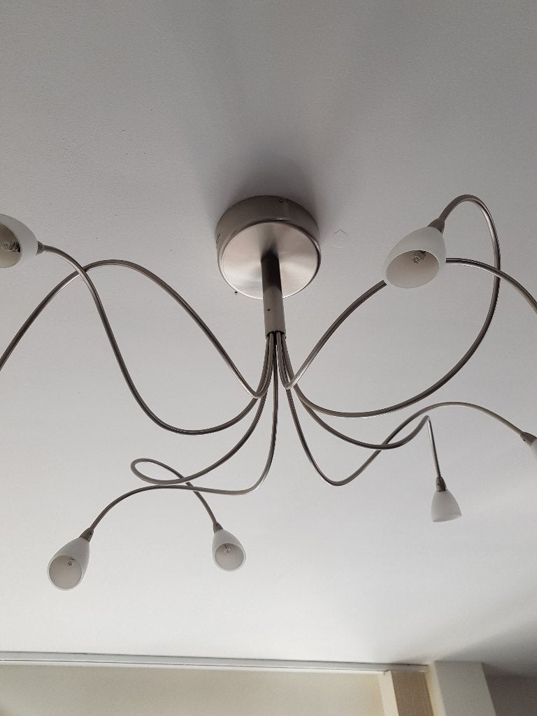 Design plafondlamp met 8 melkglazen kapjes, Ophalen, Gebruikt, GU10, Glas