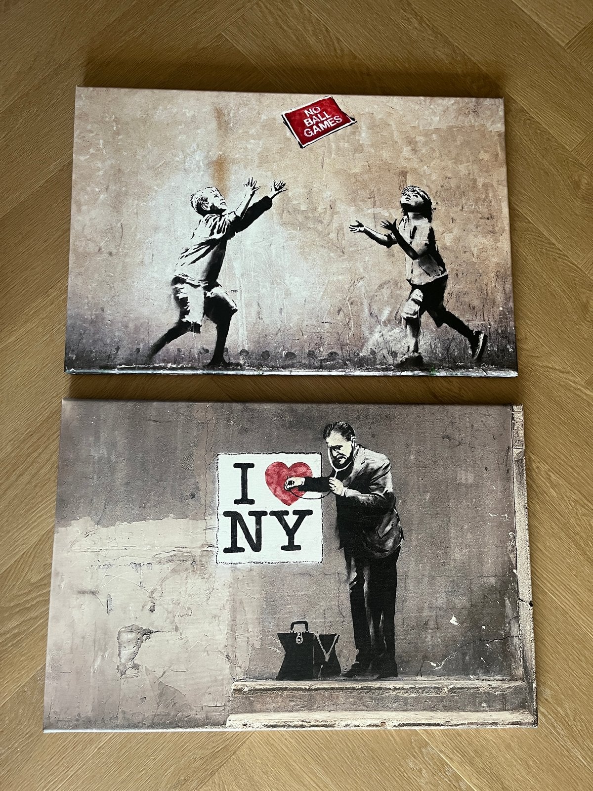 2 Banksy schilderijen op canvas - 40x60 cm, Antiek en Kunst, Kunst | Schilderijen | Modern, Ophalen, Overig onderwerp, Print, Op houten frame