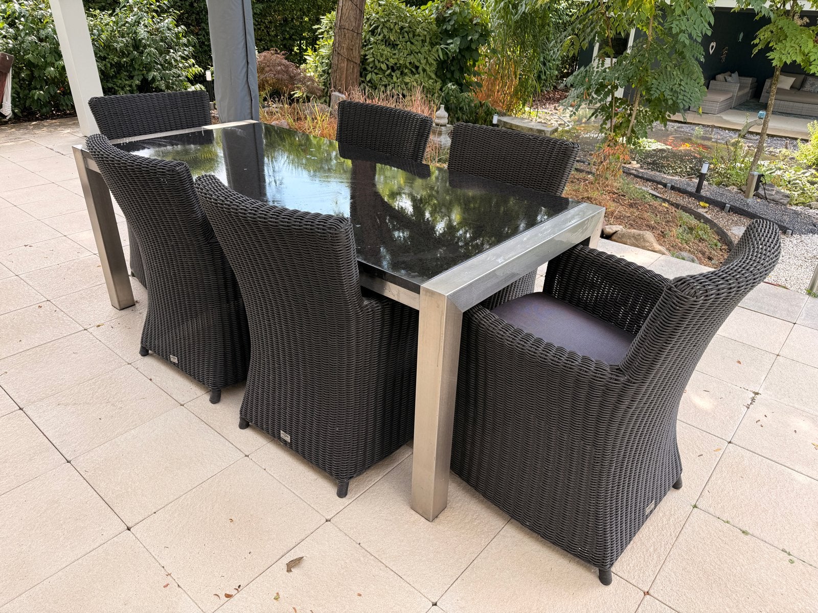 Luxe Tuinset: Granieten Tafel met RVS Onderstel en 6 Stoelen, Tuin en Terras, Tuinsets en Loungesets, Ophalen, Gebruikt, Eettafel