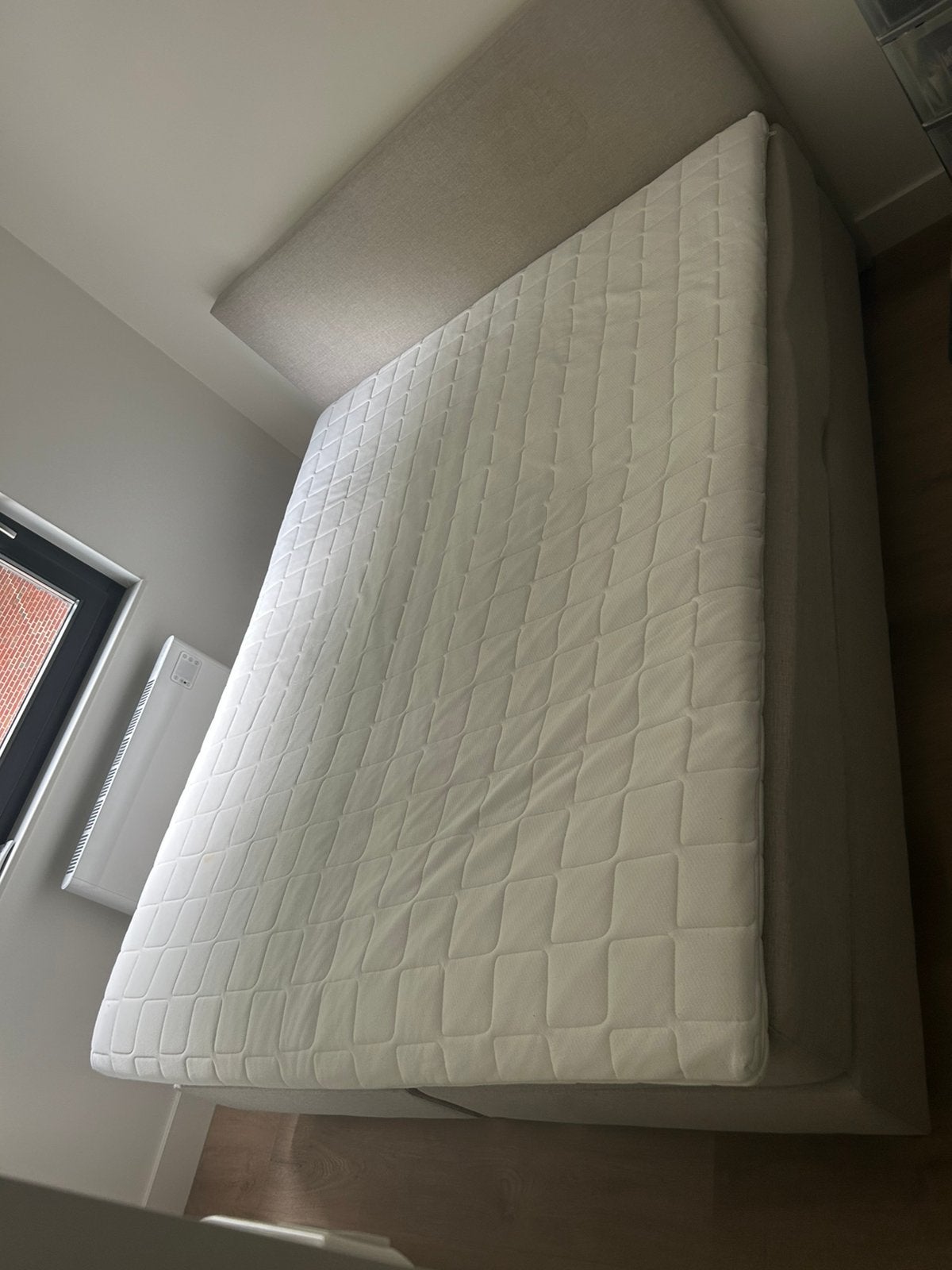 Tweepersoons bed/boxspring, Huis en Inrichting, Ophalen, Gebruikt, Beige, Tweepersoons