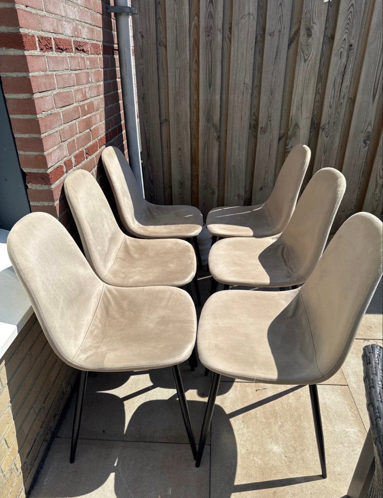 Set van 6 beige eetkamerstoelen - gebruikt, Overige kleuren, Ophalen of Verzenden, Zo goed als nieuw, Stof