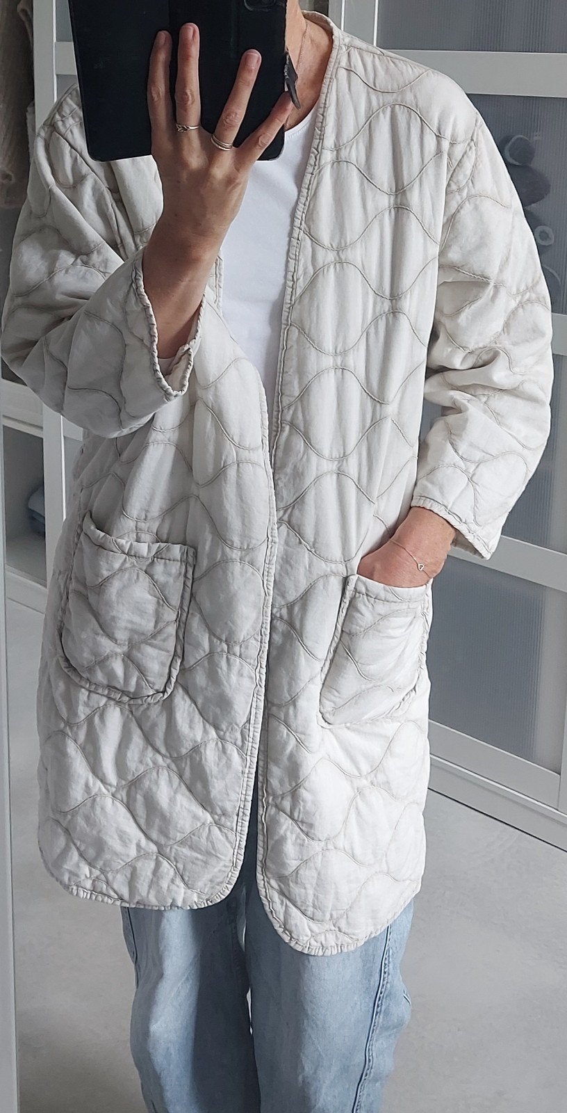 Lange quilted kimono tussenjas beige jas, Verzenden, Zo goed als nieuw, Beige