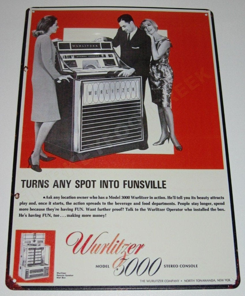 WURLITZER JUKEBOX : METALEN BORD WURLITZER 3000 STEREO, Verzenden, Nieuw, Reclamebord