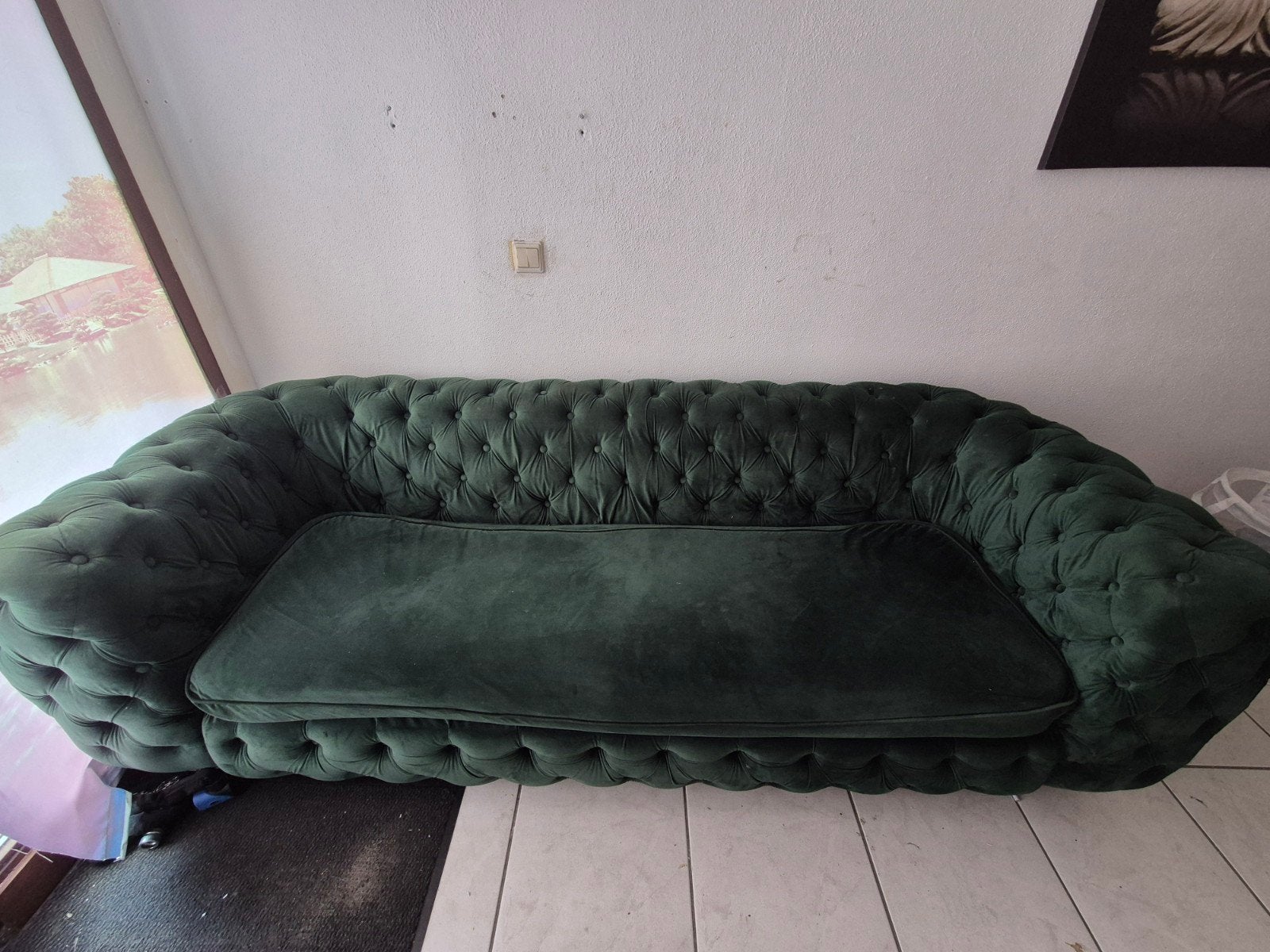 [MOET ZSM WEG] Donkergroene Chesterfieldl Bank met Poef [, Gebruikt, Luxe, Klassiek, Driepersoons, 75 tot 100 cm