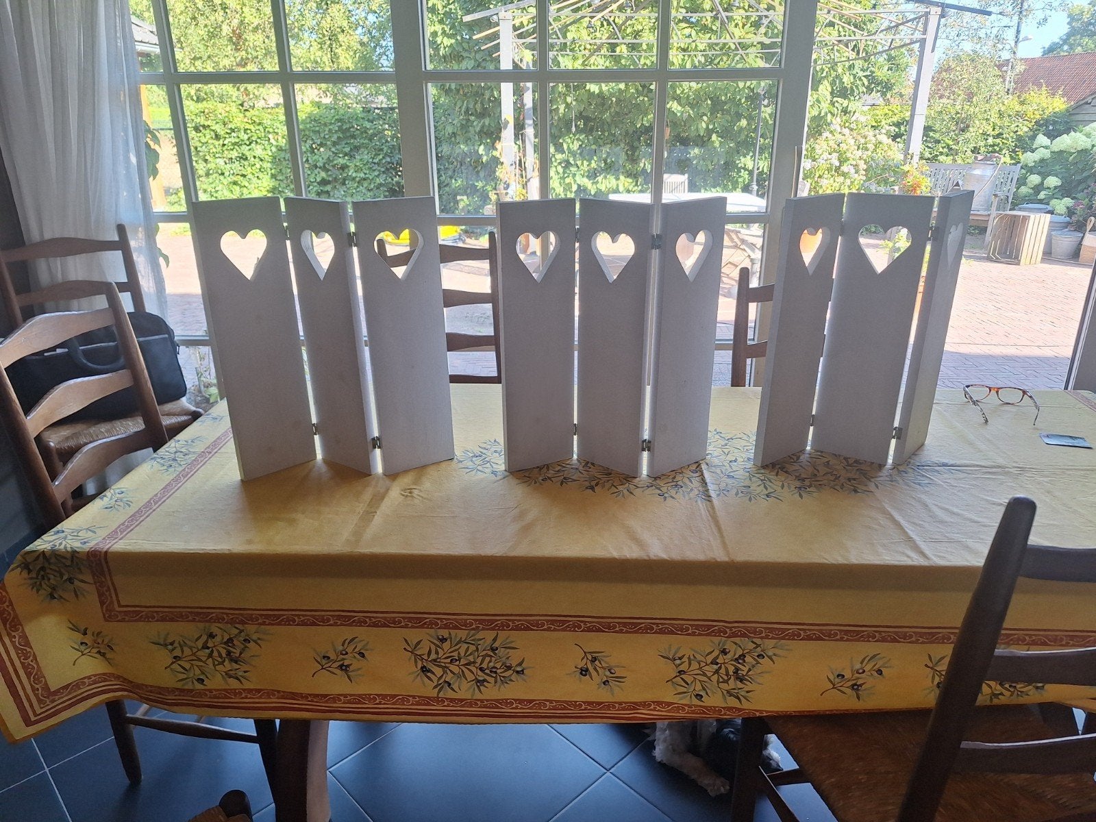 Decoratiescherm drieluik met hartjes voor vensterbank, Hout, Gebruikt, Ophalen of Verzenden, Landelijk