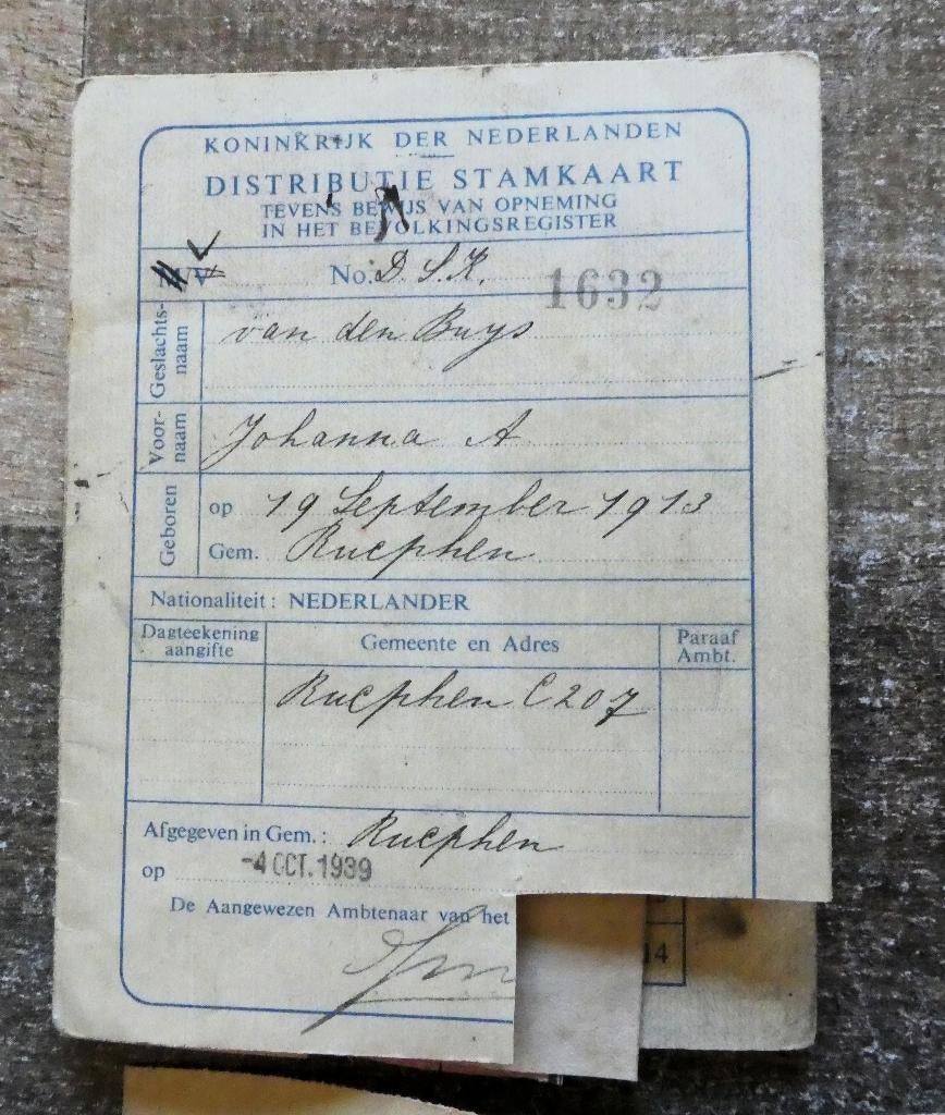 Distributie stamkaart Rucphen wo2 4 CCT 1939 Nr. 1632, Ophalen of Verzenden, Overige soorten, Nederland, Boek of Tijdschrift