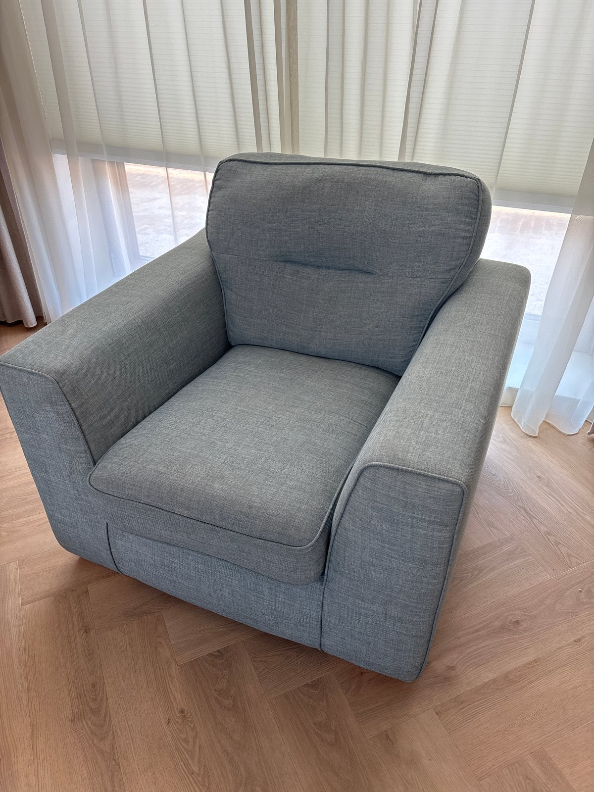 Comfortabele grijs blauwe stoel, Ophalen, Gebruikt, Stof, 75 tot 100 cm