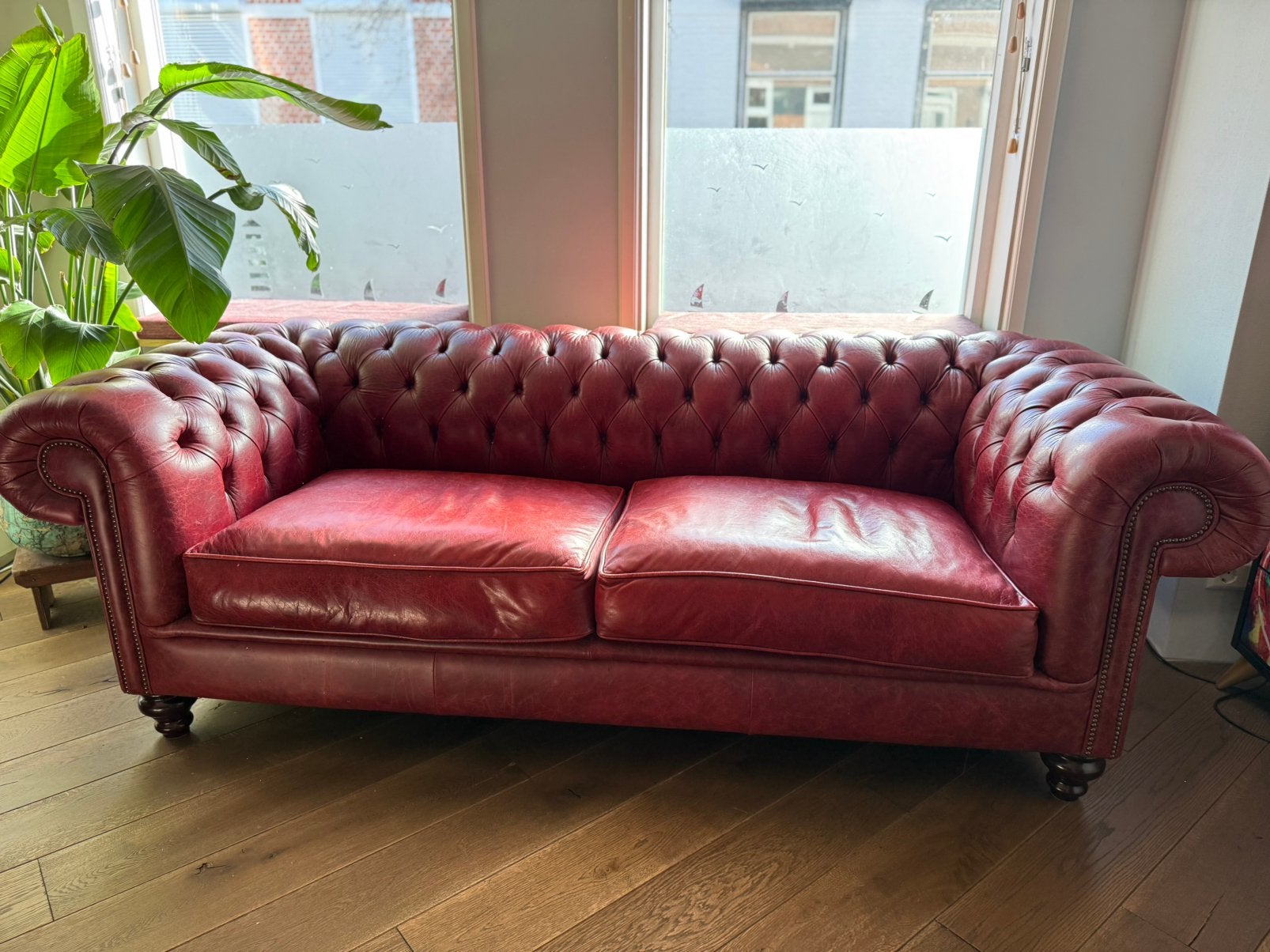 3 zits chesterfield oxblood / bordeaux rood 2.35 mtr, Ophalen, Gebruikt, 200 tot 250 cm, Driepersoons