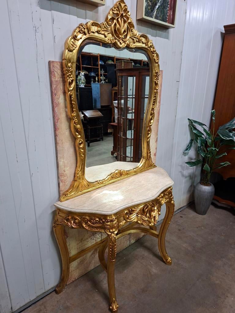 Klassieke goudkleurige sidetable met spiegel, haltafel,