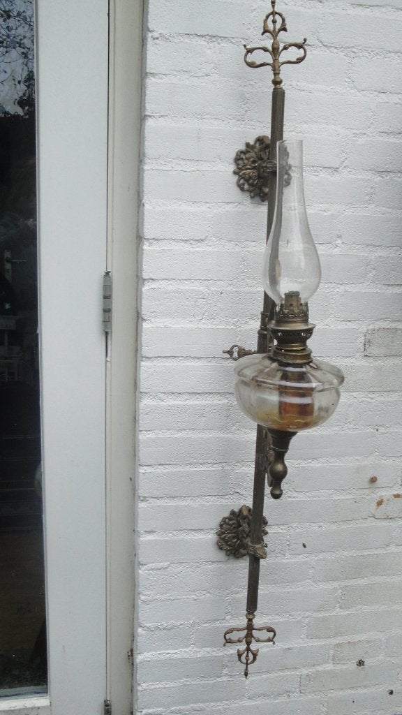 zeldzame antieke wand olie lamp messing, Ophalen of Verzenden